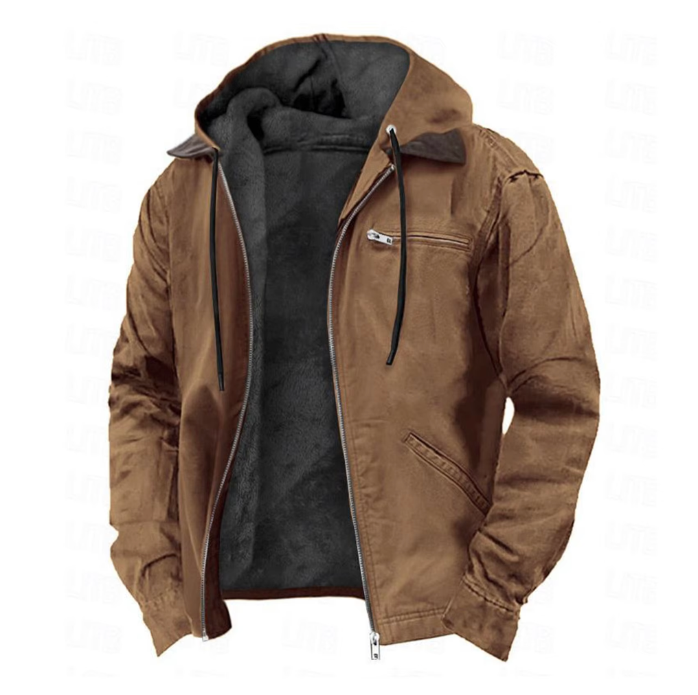 Brown hooded full-zip jacket with black lining, front zipper, and chest pocket