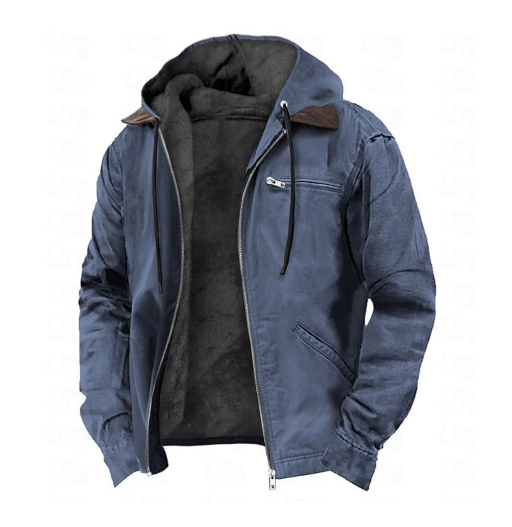 Blue hooded full-zip jacket with black lining, front zipper, and slanted chest pocket