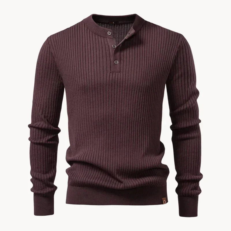 Men's brown ribbed knit henley sweater with button placket and long sleeves