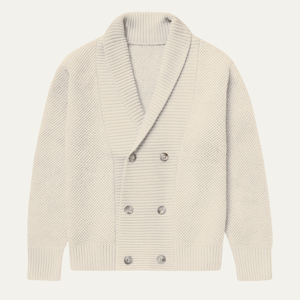 Beige chunky knit double-breasted cardigan with shawl collar and ribbed cuffs