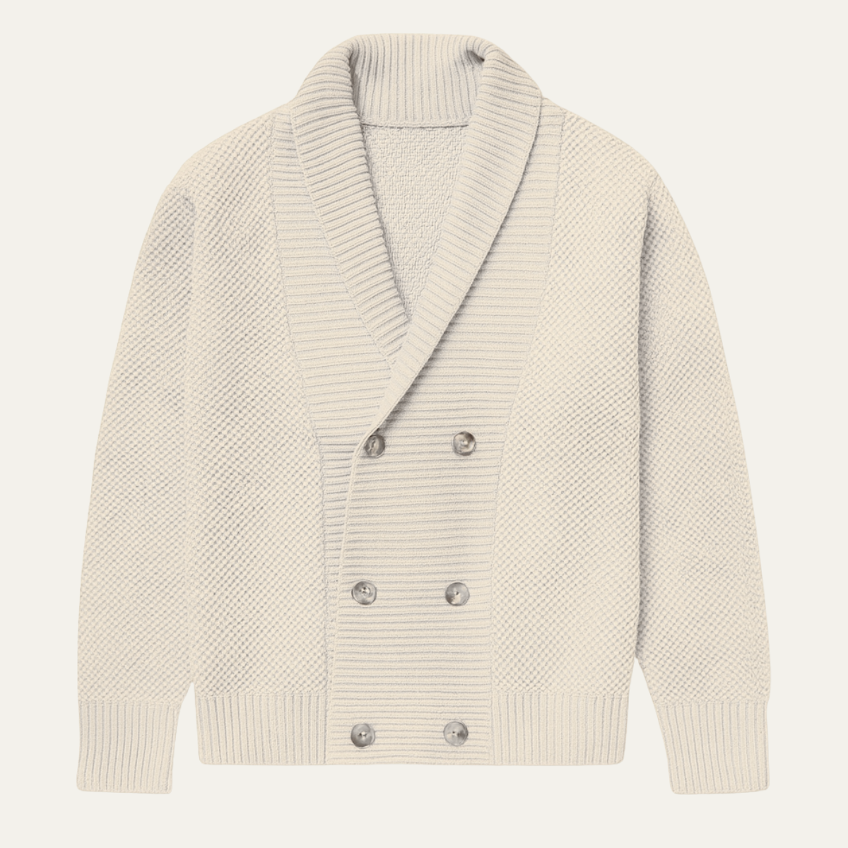 Beige chunky knit double-breasted cardigan with shawl collar and ribbed cuffs