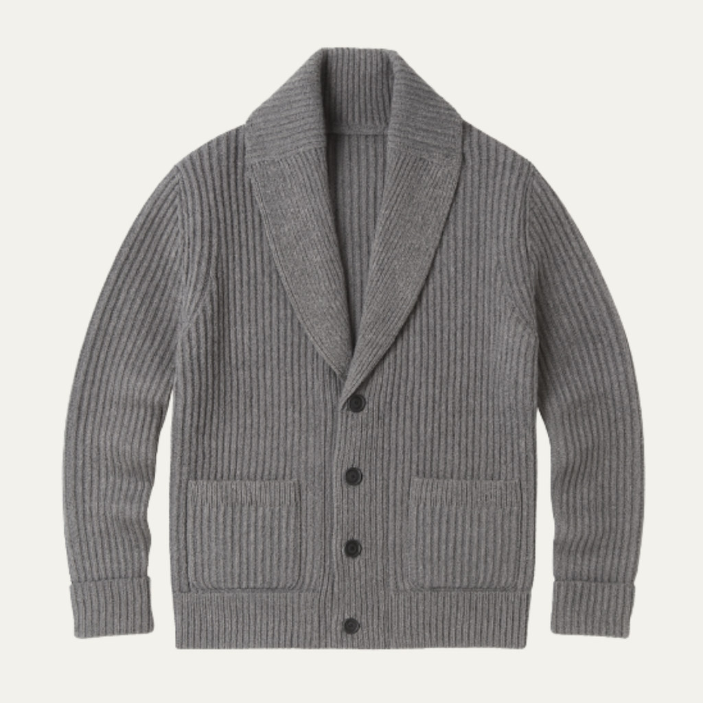 Men's chunky knit shawl-collar cardigan, gray with button front and two chest pockets