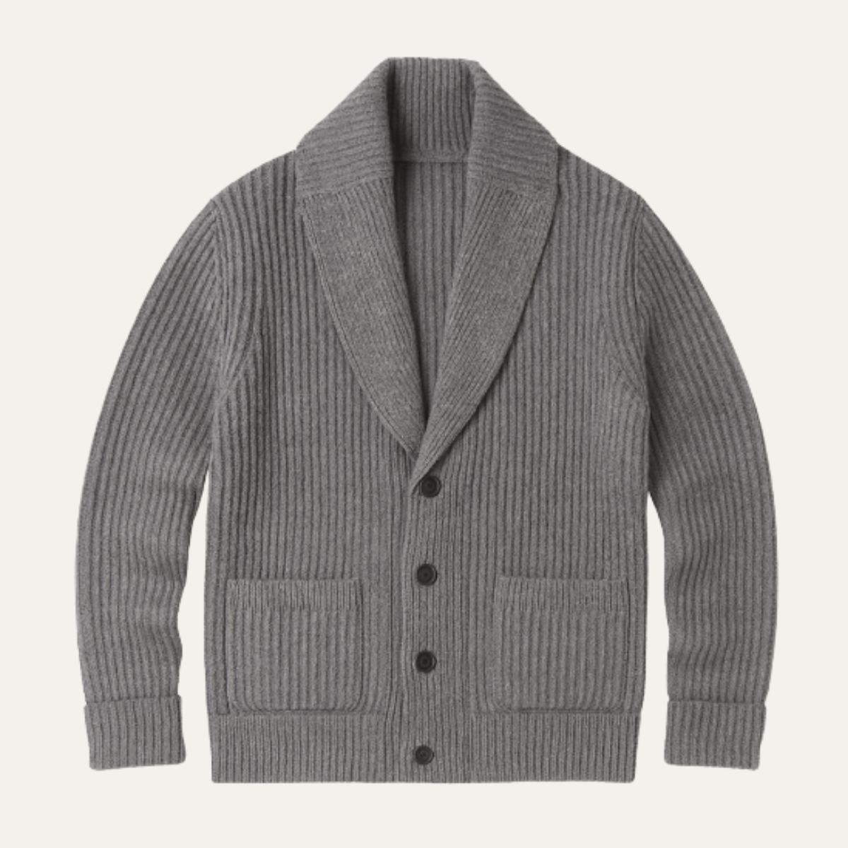 Men's chunky knit shawl-collar cardigan, gray with button front and two chest pockets