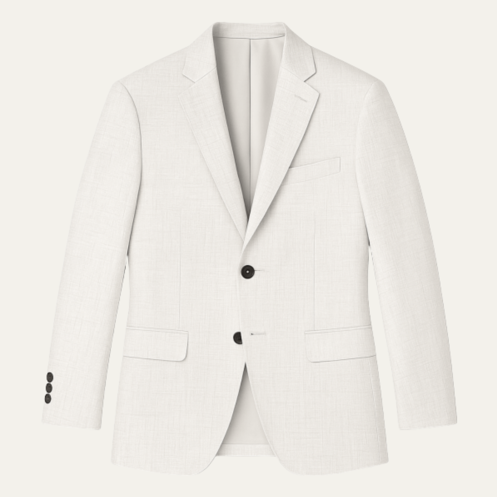 Men's slim-fit white blazer with notch lapels, front button, and flap pockets