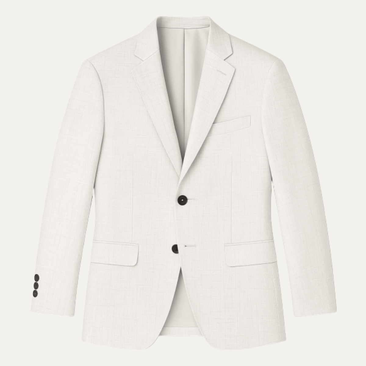 Men's slim-fit white blazer with notch lapels, front button, and flap pockets