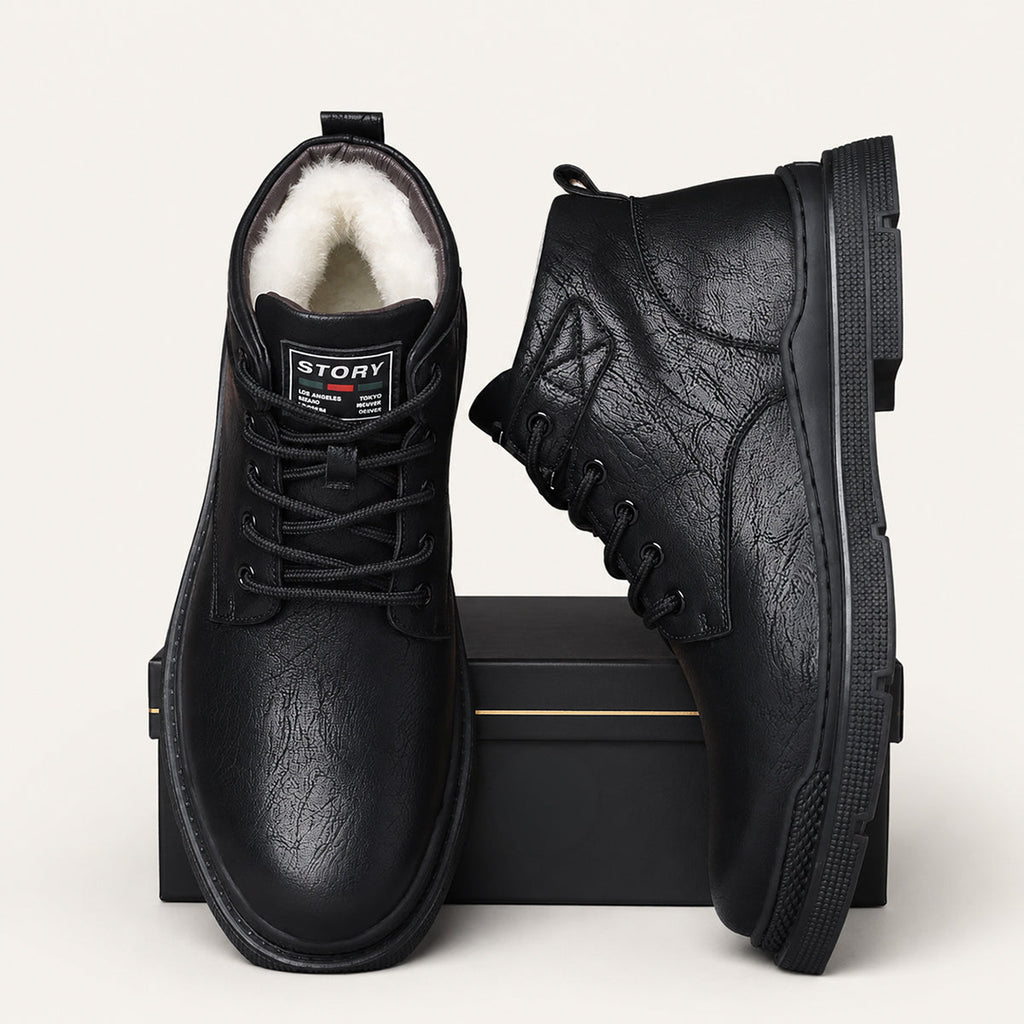 Black fur-lined snow boots with lace-up front and chunky treaded rubber sole