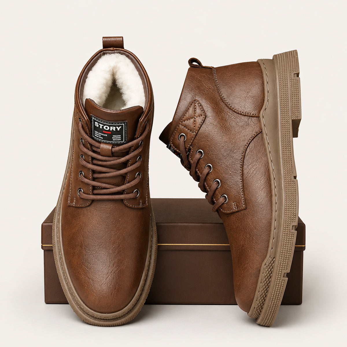 Brown fur-lined snow boots with lace-up front and rugged rubber side sole