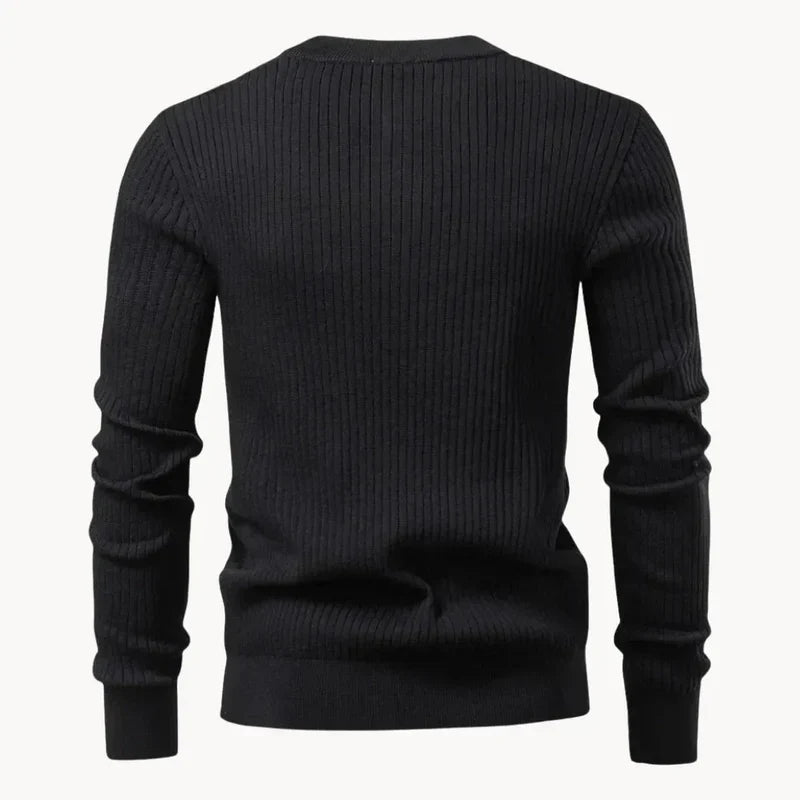 Men's black ribbed henley knit sweater back view with ribbed long sleeves