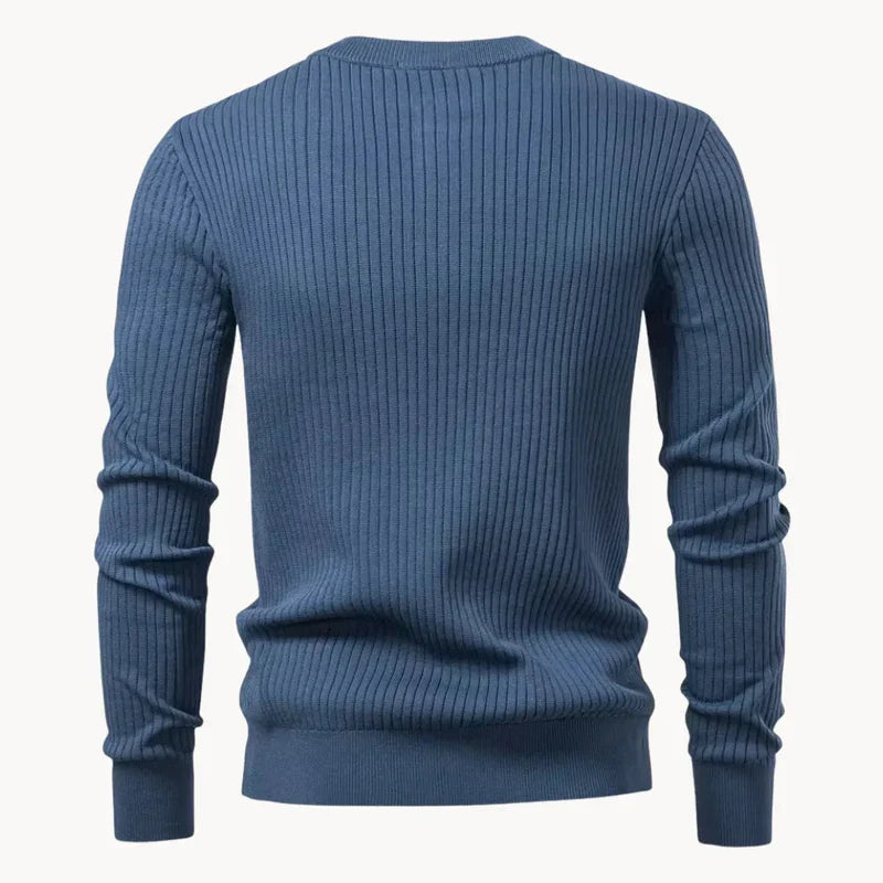 Men's blue ribbed henley knit sweater back view with ribbed hem