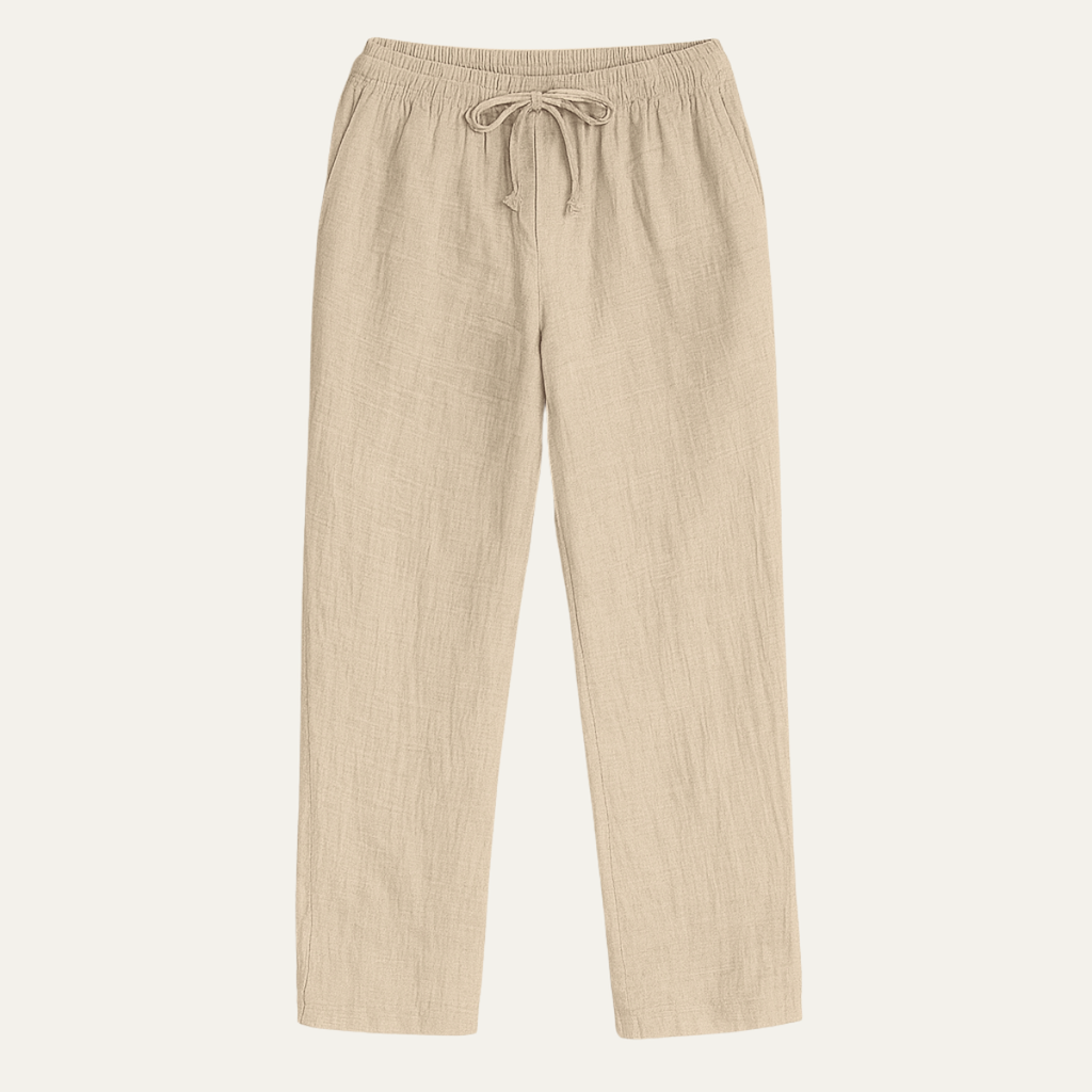 Men's khaki linen pants with elastic drawstring waist and relaxed loose fit