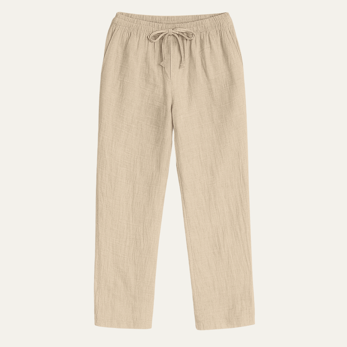 Men's khaki linen pants with elastic drawstring waist and relaxed loose fit
