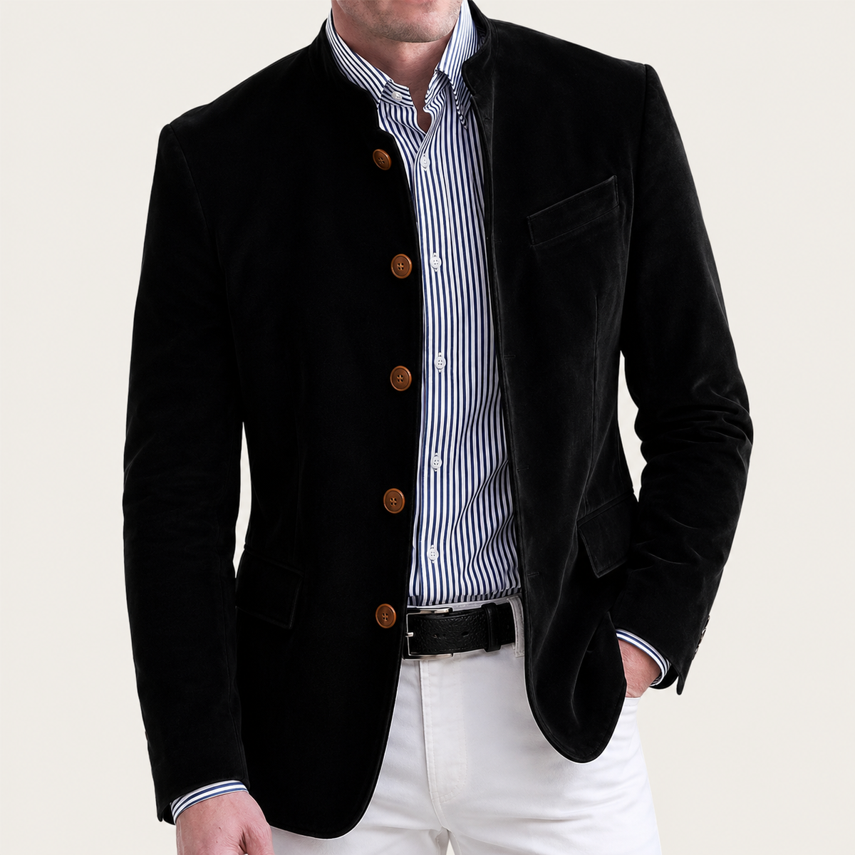 Men's tailored office blazer, black with notch lapel, button front and flap pockets