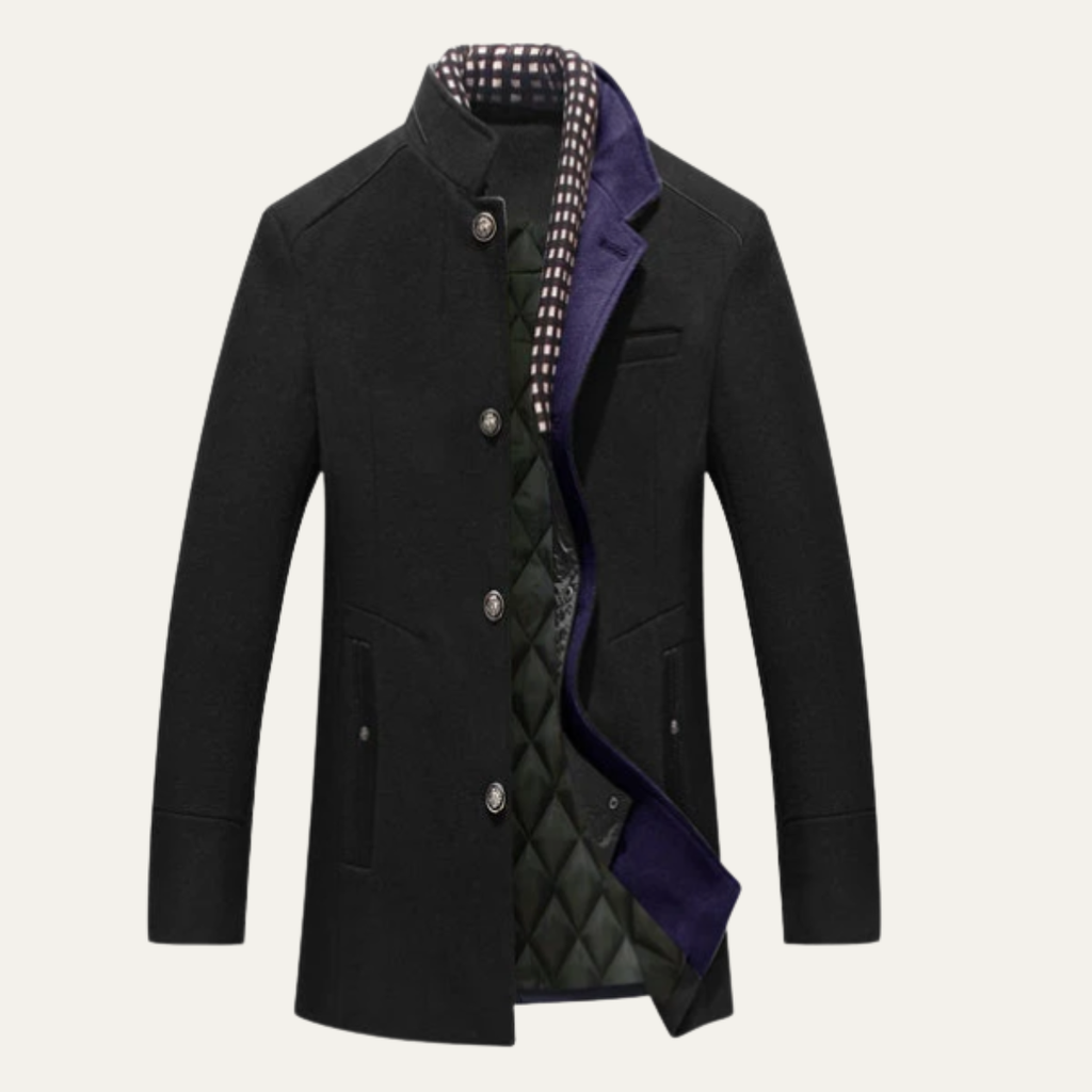Men's wool coat, black, button-front with plaid inner collar and quilted lining