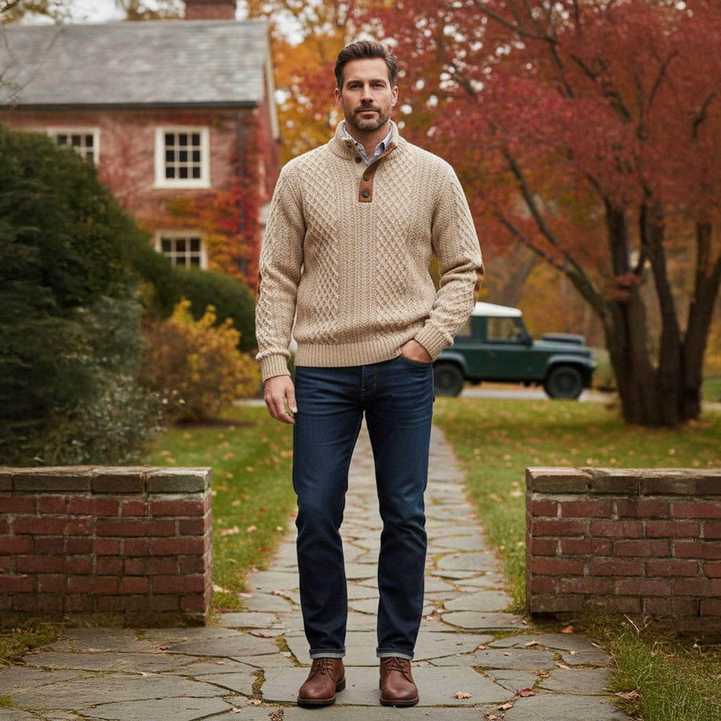 Beige knit quarter-zip sweater with button placket and collared neckline