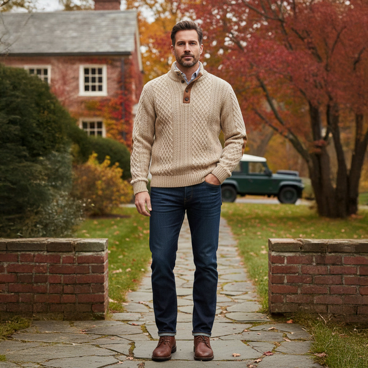 Beige knit quarter-zip sweater with button placket and collared neckline