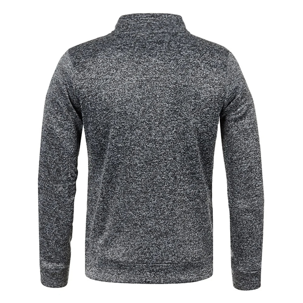 Men's dark heather gray half-zip fleece pullover, long sleeves, back view