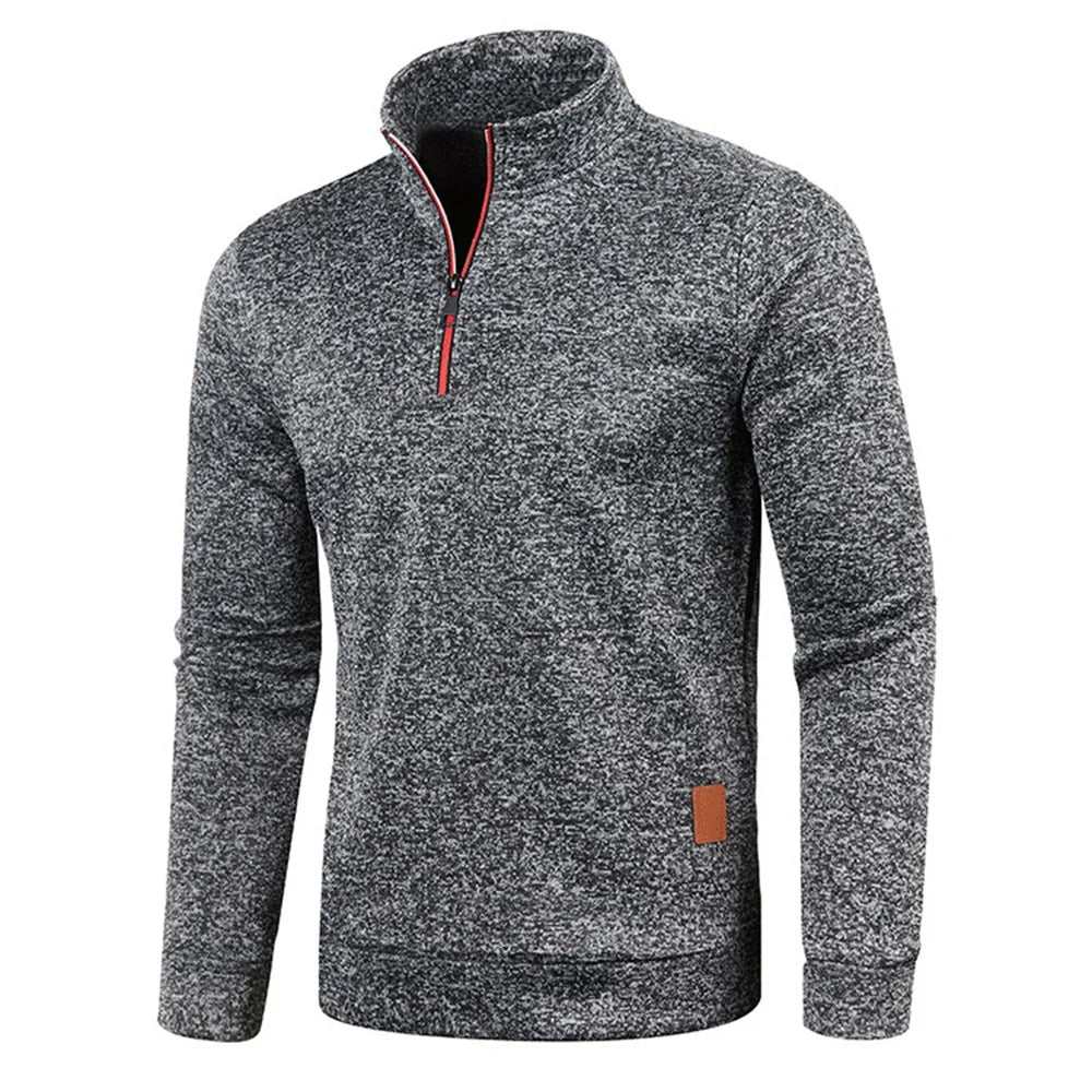 Men's gray half-zip fleece pullover sweater, side view with orange label