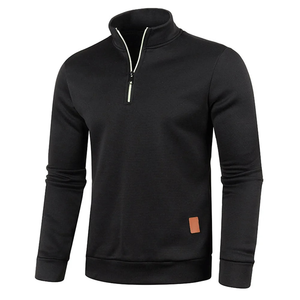 Men's black half-zip fleece pullover sweater, chest zip detail and orange label