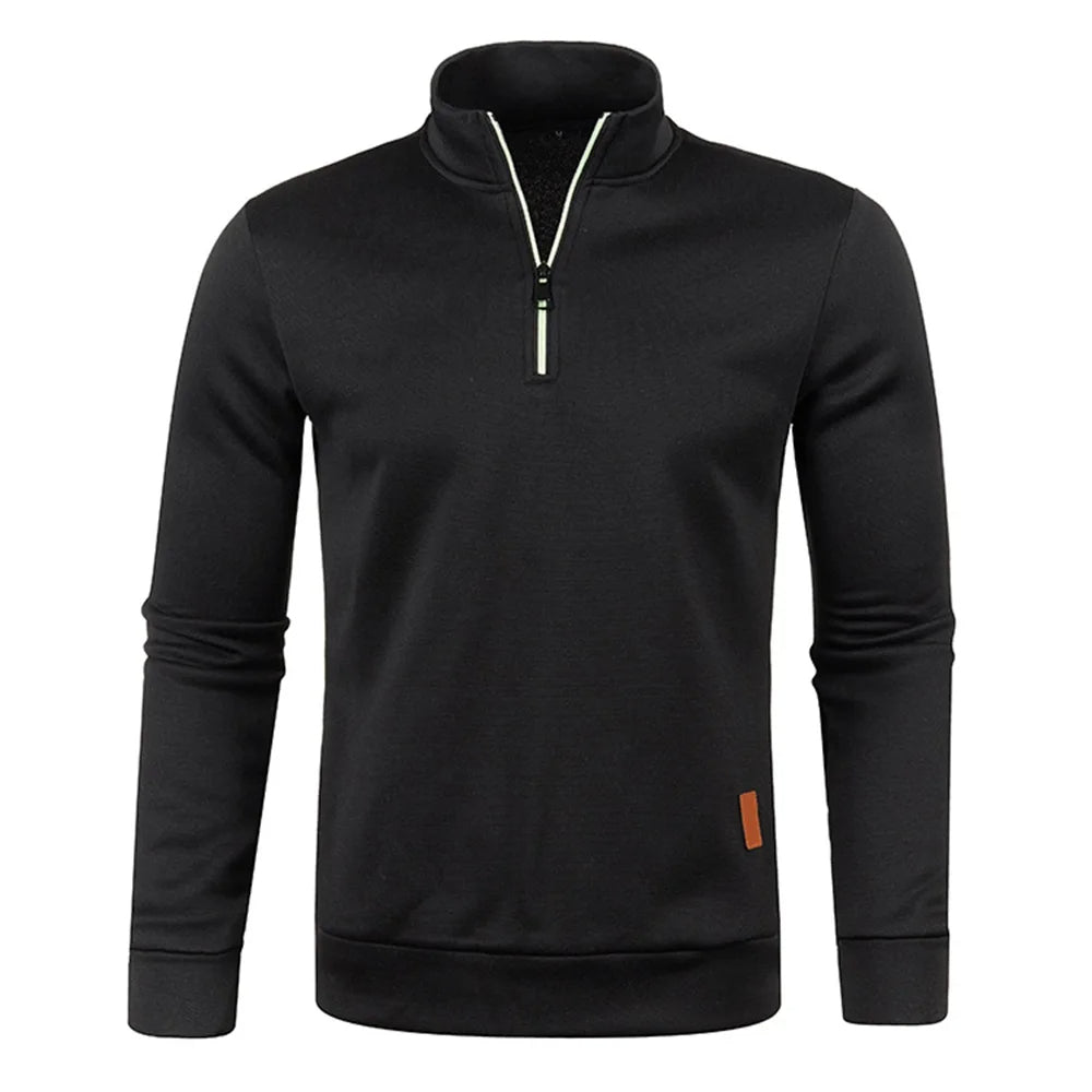 Men's black half-zip fleece pullover sweater with long sleeves and ribbed hem