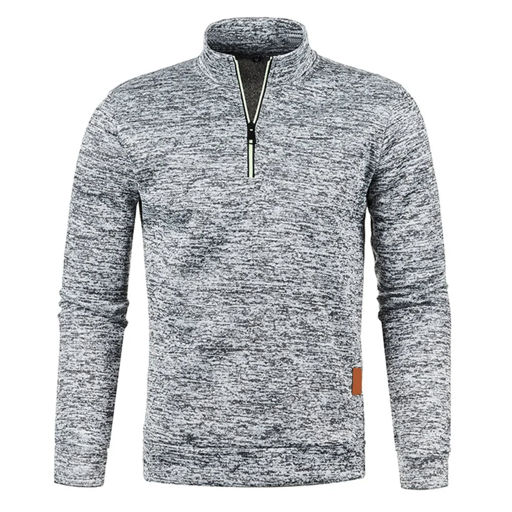 Men's heather gray half-zip fleece pullover with stand collar and long sleeves, tan patch