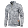Men's heather gray half-zip fleece pullover with stand collar and long sleeves, tan patch