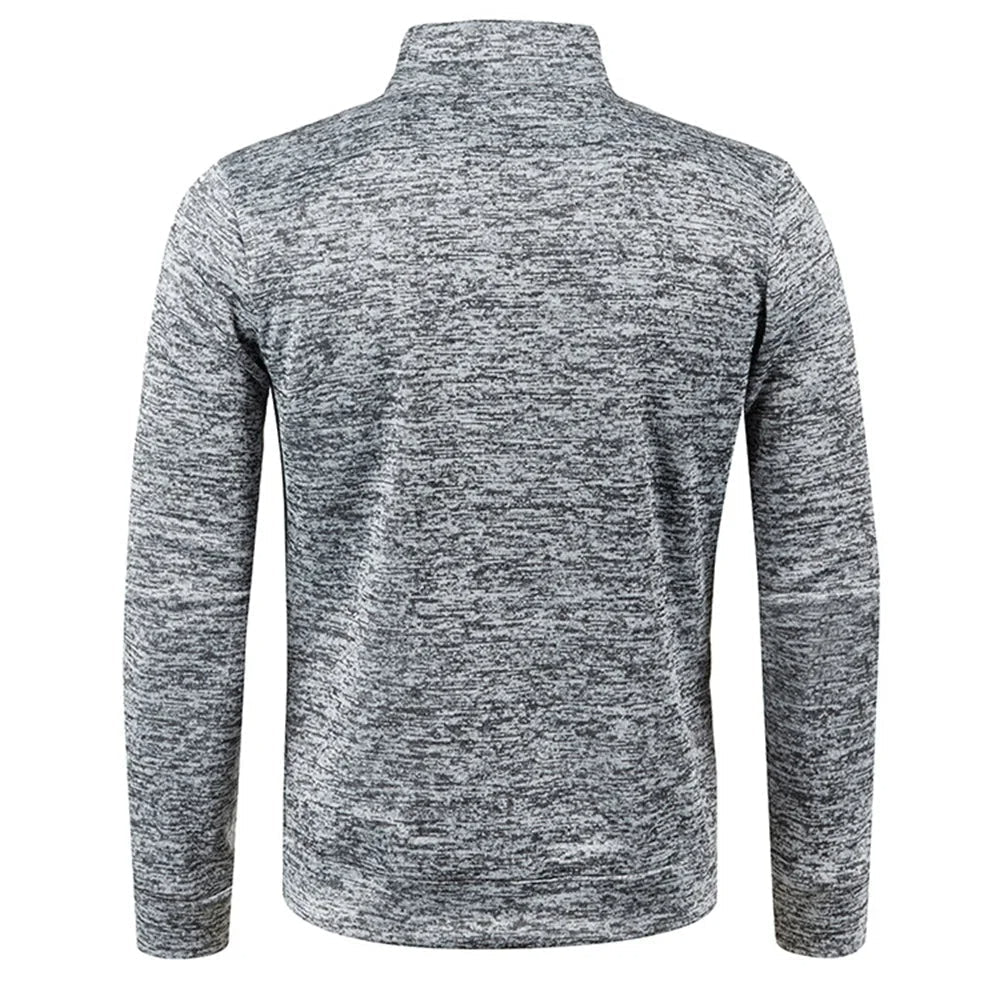 Men's heather gray half-zip fleece pullover with stand collar, long sleeves, back view
