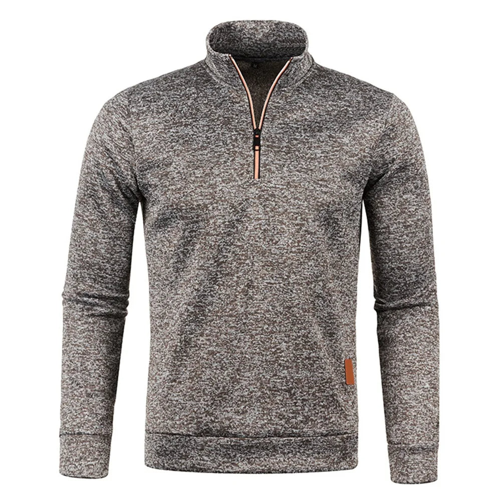 Men's gray half-zip fleece pullover sweater, long sleeves, front view