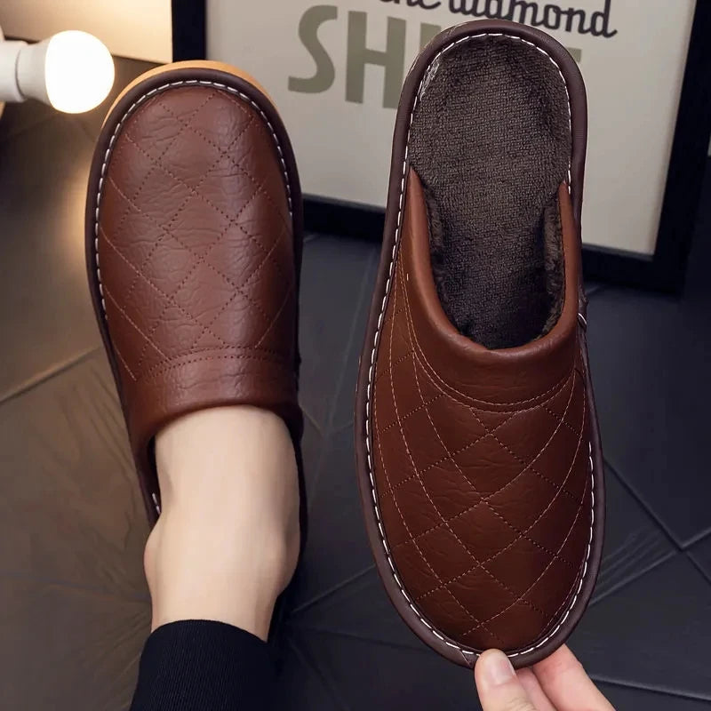 Men's brown quilted indoor house slippers with dark soft lining and stitched sole trim