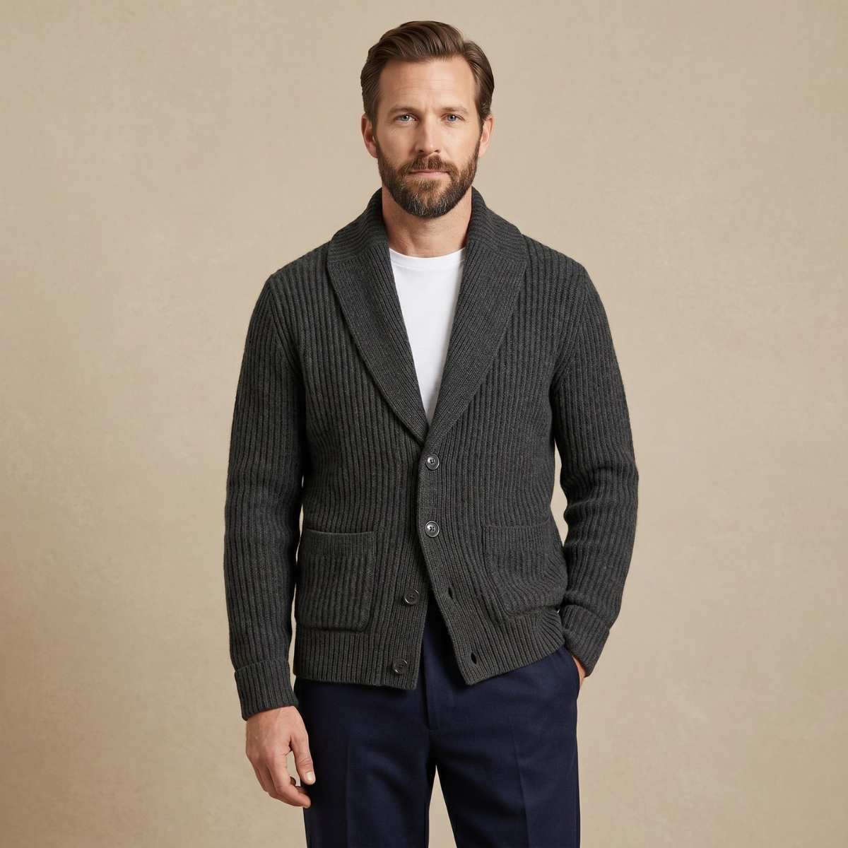 Men's chunky knit shawl-collar cardigan, dark gray, button front with patch pockets