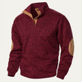 Men's burgundy knit sweater with leather-look elbow patches and quarter-zip placket