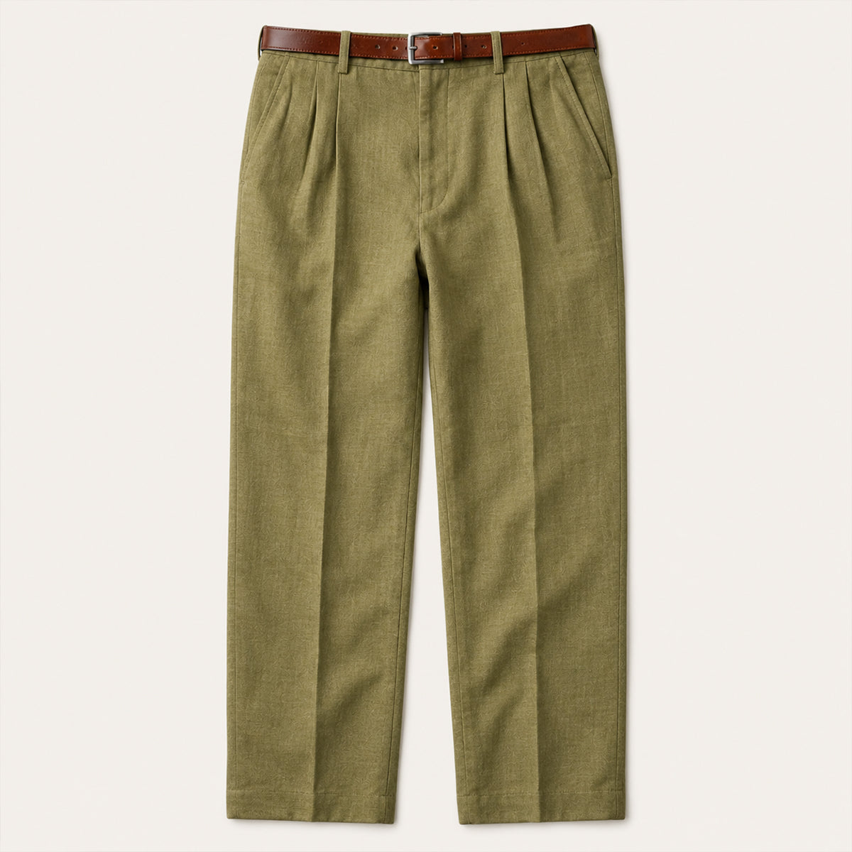 Men's pleated straight casual pants, olive green