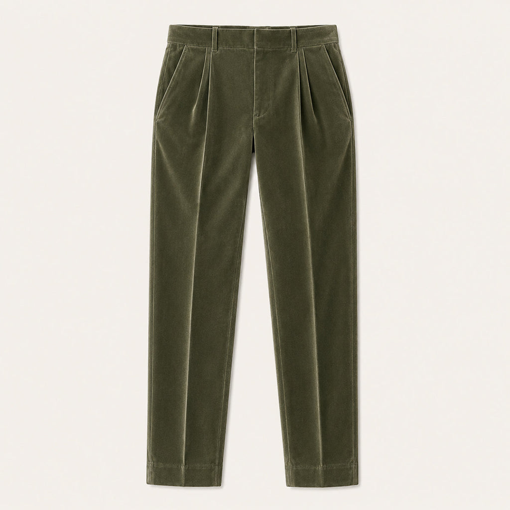 Men's army green velvet straight-fit pants with belt loops and front crease