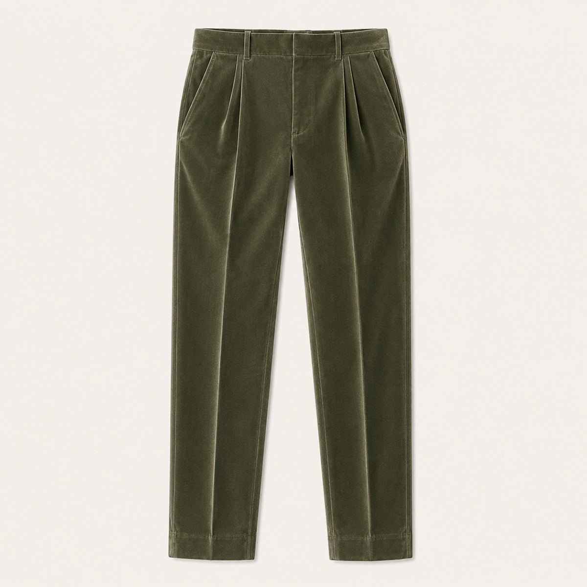 Men's army green velvet straight-fit pants with belt loops and front crease