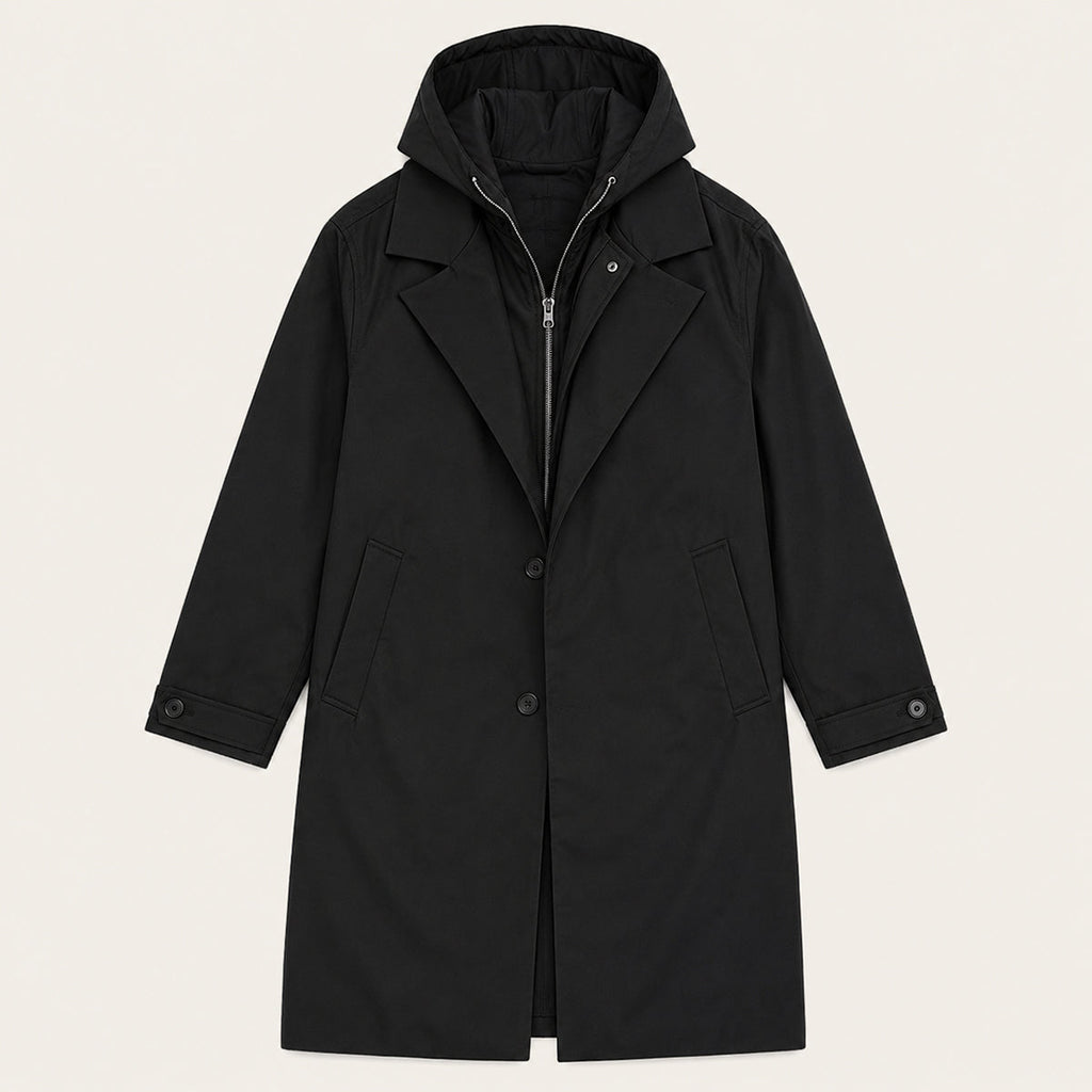 Men's black hooded parka with zip front and flap pockets, long rain coat
