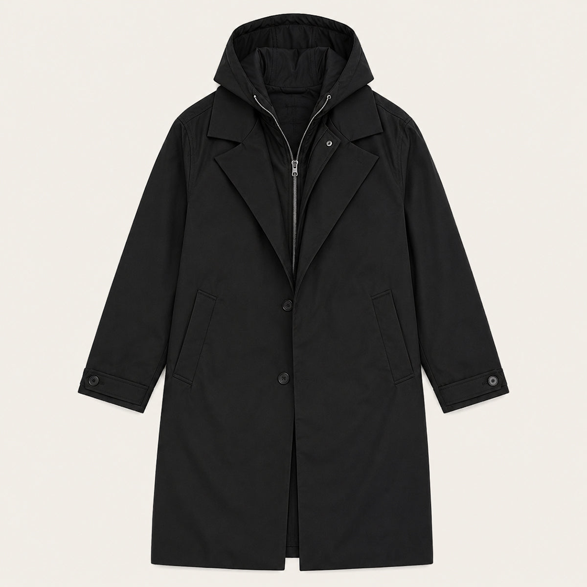 Men's black hooded parka with zip front and flap pockets, long rain coat