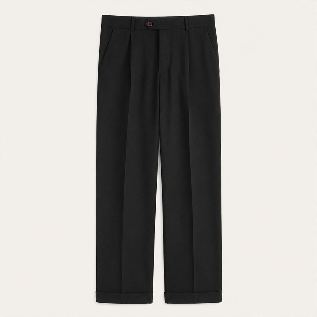 Men’s black dress pants, pleated front, belt loops, button closure, classic fit
