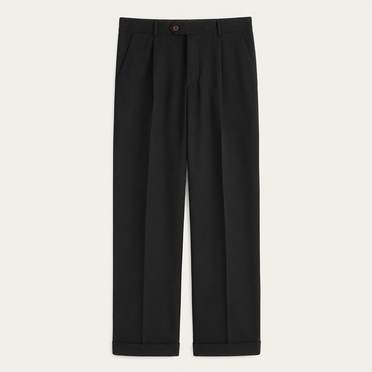 Men’s black dress pants, pleated front, belt loops, button closure, classic fit
