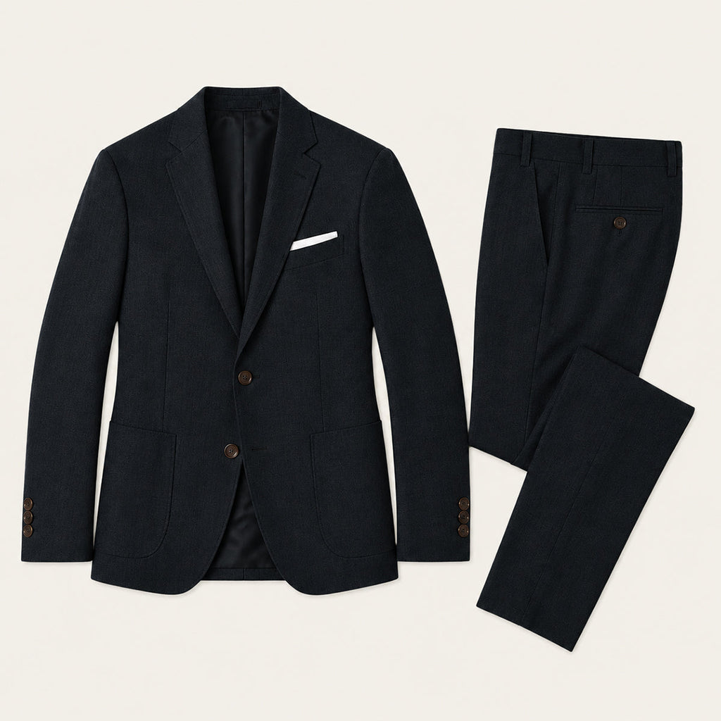 Black slim-fit two-piece suit set with matching blazer and dress pants