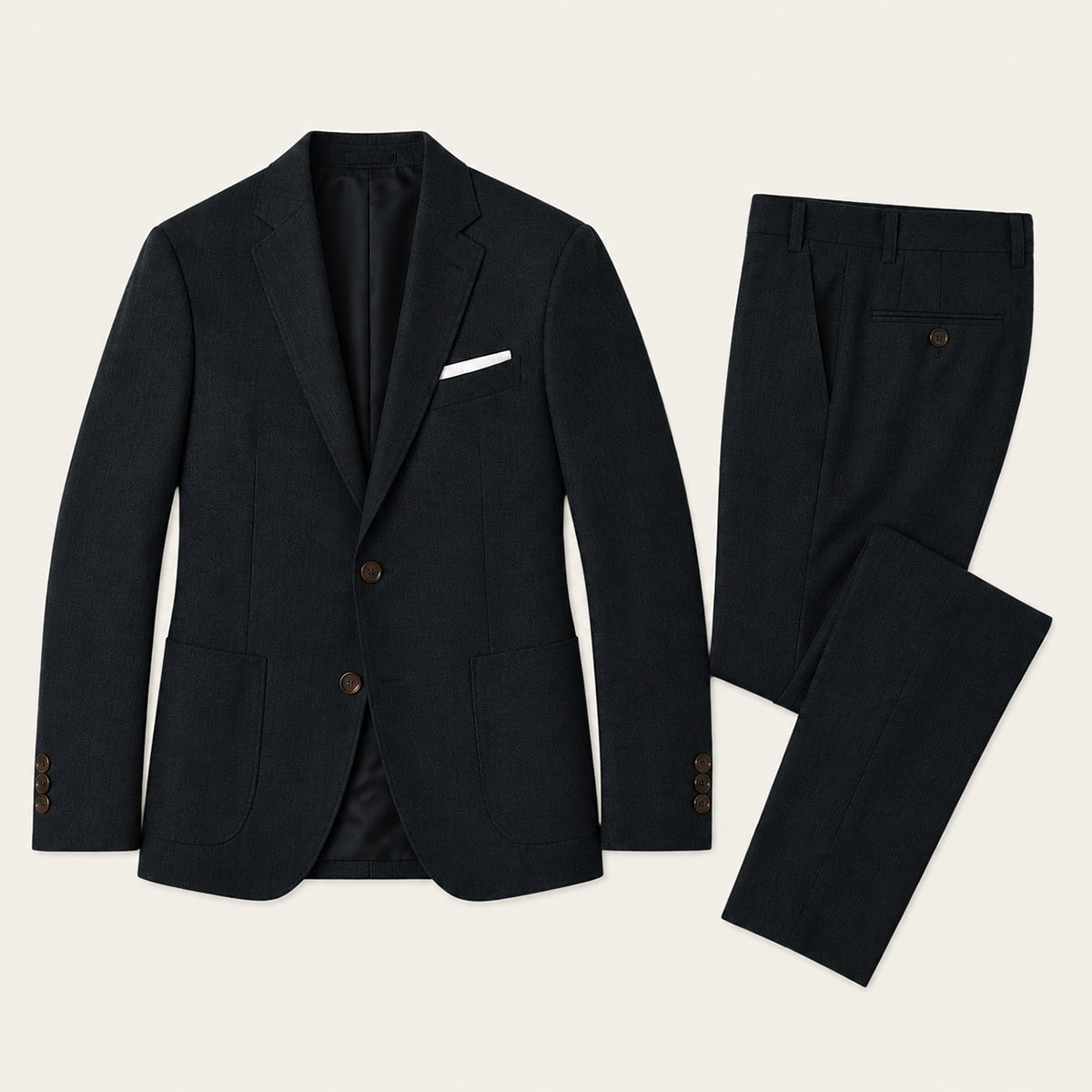 Black slim-fit two-piece suit set with matching blazer and dress pants