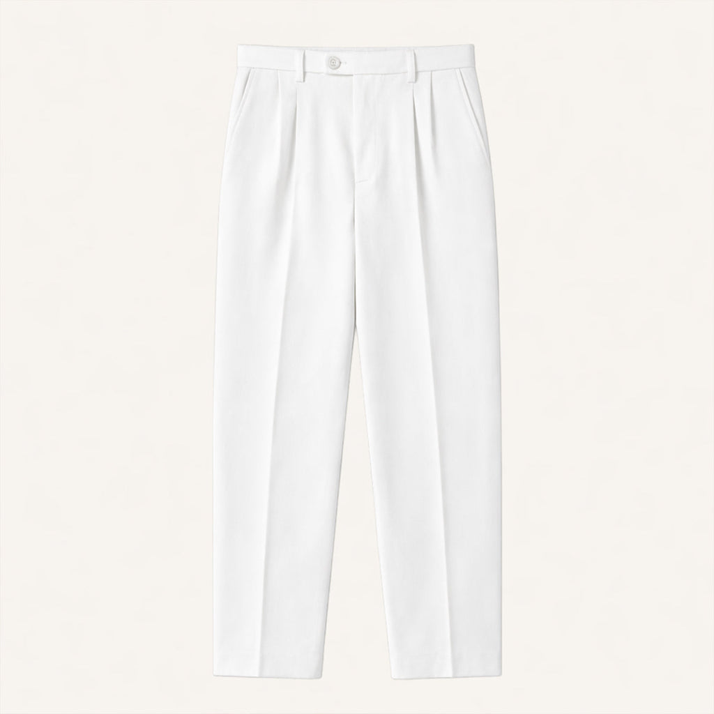 Men's white pleated tailored trousers with belt loops and button closure.
