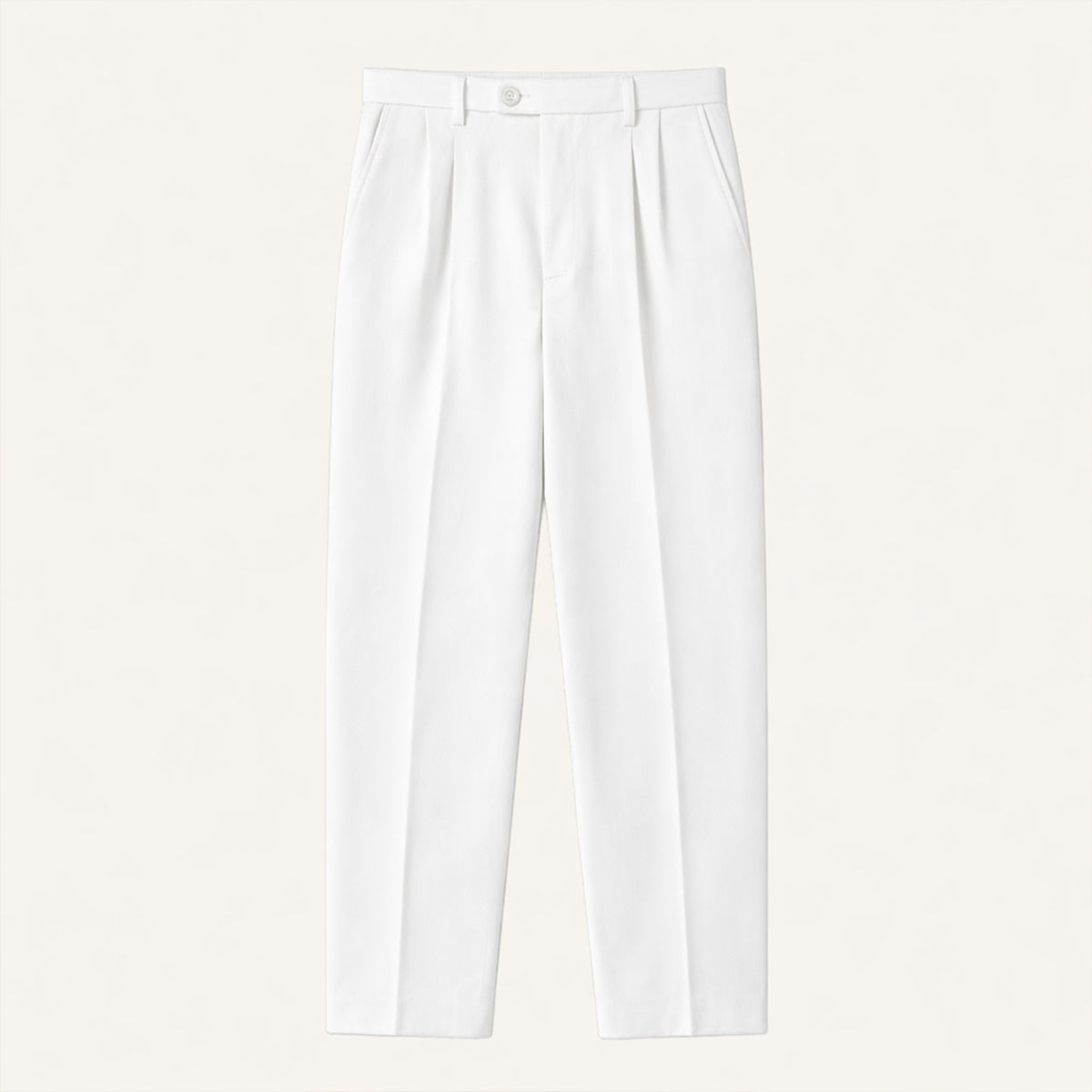 Men's white pleated tailored trousers with belt loops and button closure.