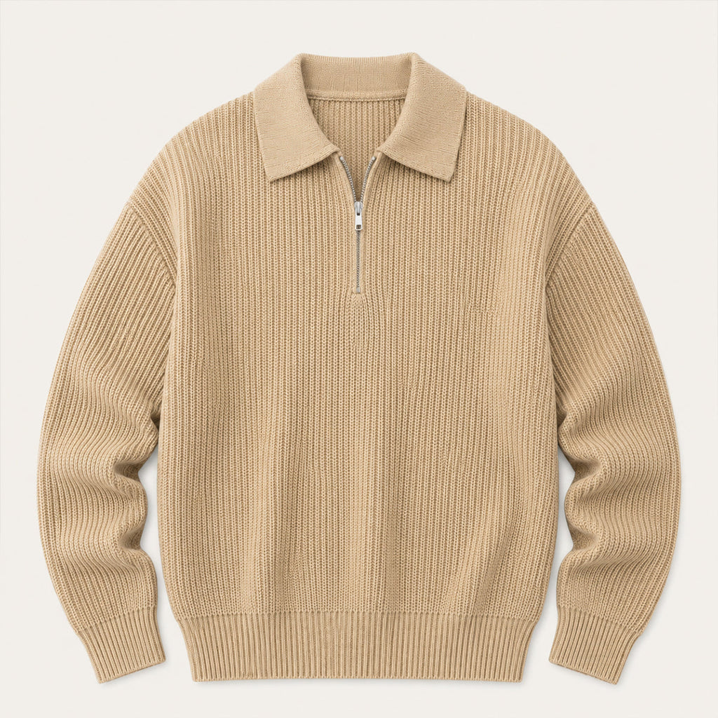 Beige men’s half-zip knit sweater with ribbed collar and short zip placket.