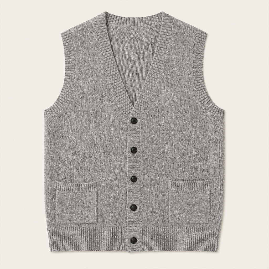 Men's light gray knit V-neck button-front vest with two chest pockets