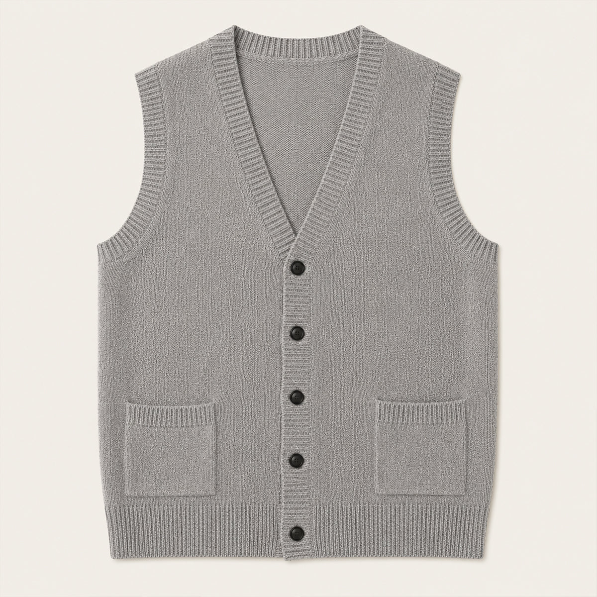 Men's light gray knit V-neck button-front vest with two chest pockets