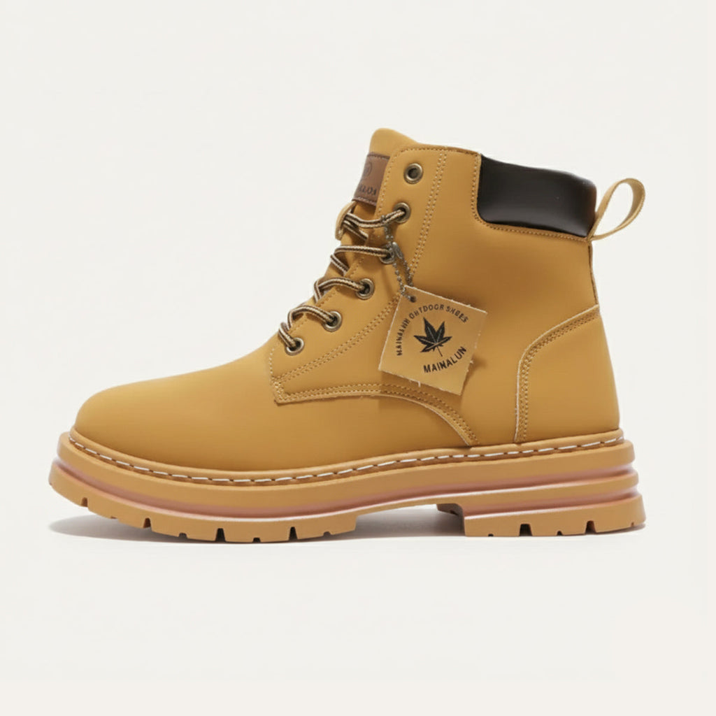 Men’s fur-lined insulated snow boots in tan, lace-up with padded ankle collar