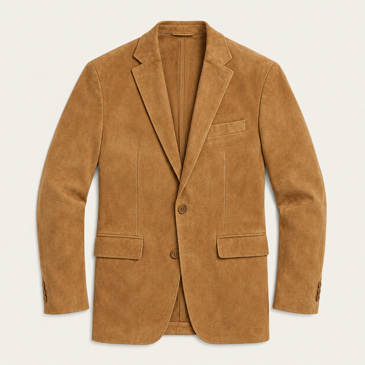 Men's light brown suede-like blazer with notched lapel and flap pockets