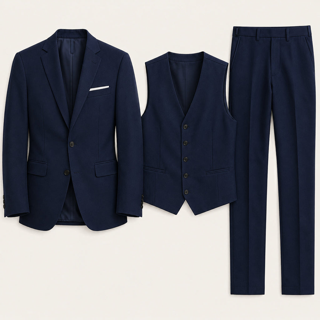 Men's navy 3-piece suit set with blazer, waistcoat, and tailored trousers