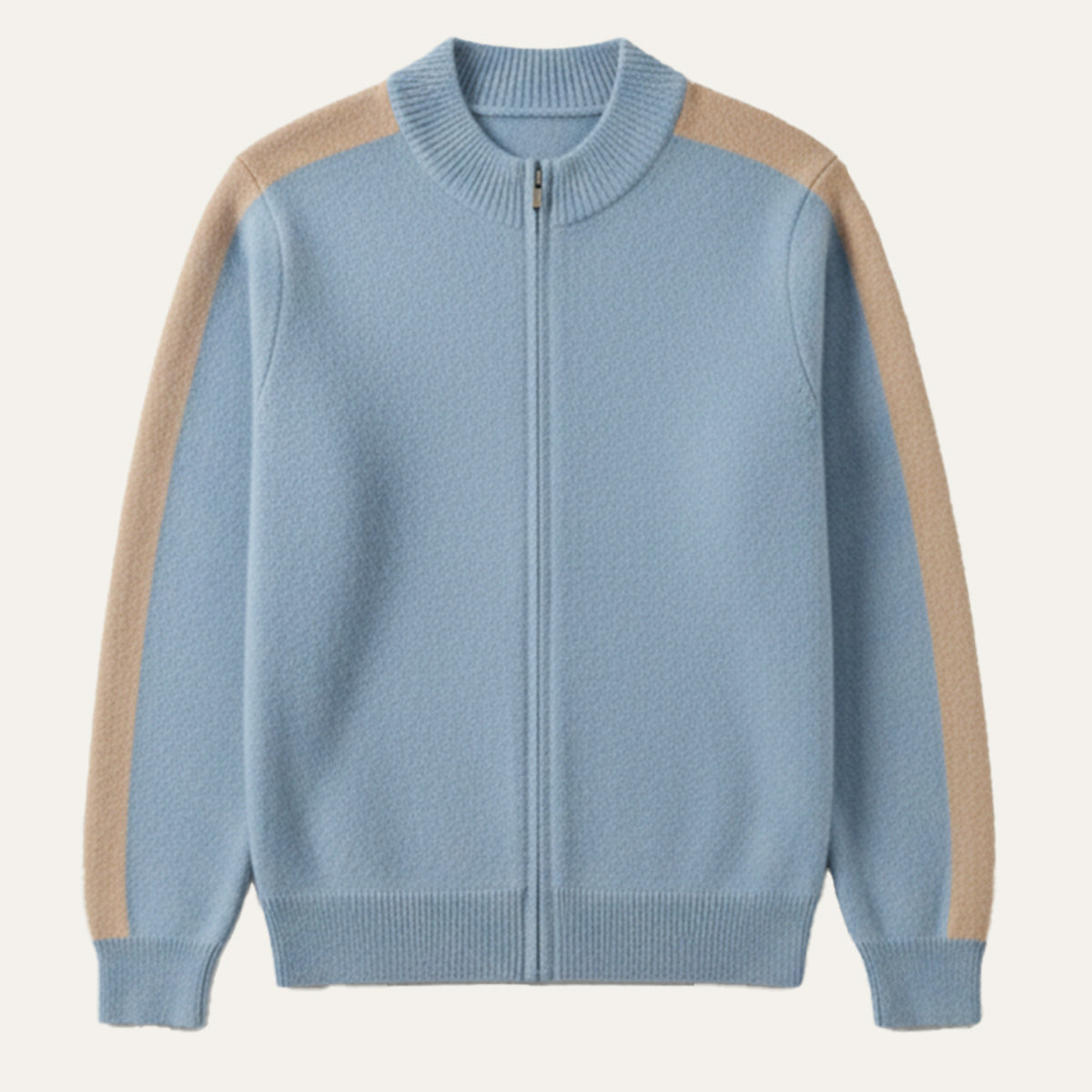 Men's cashmere zip-front sweater in light blue with tan stripe panels at shoulders