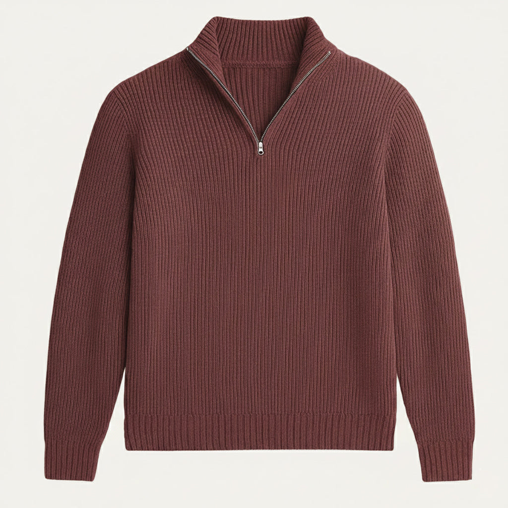 Men's burgundy knit cashmere half-zip sweater, ribbed collar and cuffs