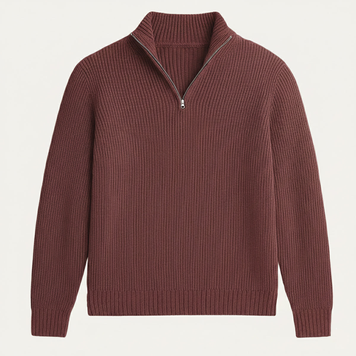 Men's burgundy knit cashmere half-zip sweater, ribbed collar and cuffs